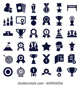 Winner icons set. set of 36 winner filled icons such as playing card, roulette, target, ranking, medical mask, ribbon, medal, trophy, diploma, star, award, man with medal