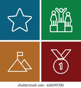 Winner icons set. set of 4 winner outline icons such as star, ranking, flag on mountain