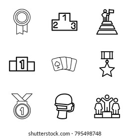 Winner icons. set of 9 editable outline winner icons such as ranking, medical mask, man at the top of the mountain with flag, medal with star, pllaying card