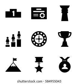 winner icons set. Set of 9 winner filled icons such as Roulette, medal, ranking, trophy, flag on mountain, medal with star