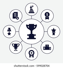 winner icons set. Set of 9 winner filled icons such as trophy, ranking, medal, man at the top of the mountain with flag, medal with star, diploma