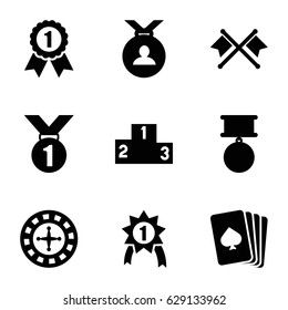 Winner icons set. set of 9 winner filled icons such as pllaying card, Roulette, medal, ranking, number 1 medal