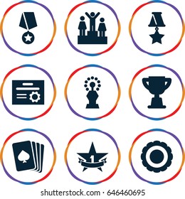 Winner icons set. set of 9 winner filled icons such as pllaying card, 1st place star, trophy, medal, award, ranking, medal with star