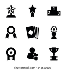 Winner icons set. set of 9 winner filled icons such as pllaying card, ribbon, ranking, trophy, star trophy, man with medal, medal with star