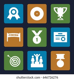 Winner icons set. set of 9 winner filled icons such as target, trophy, medal, ranking, number 1 medal, diploma