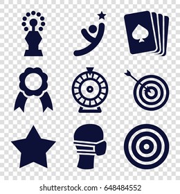 Winner icons set. set of 9 winner filled icons such as pllaying card, roulette, target, medical mask, ribbon, star, trophy