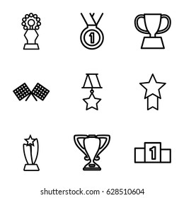 Winner icons set. set of 9 winner outline icons such as medal, trophy, finish flag, ranking