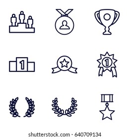 Winner icons set. set of 9 winner outline icons such as medal, ranking, olive branch, olive wreath, trophy, number 1 medal