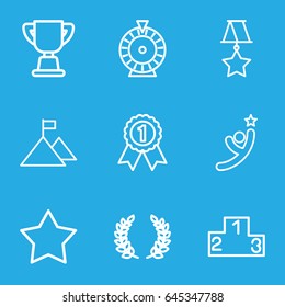 Winner icons set. set of 9 winner outline icons such as star, roulette, trophy, medal, ranking, olive branch, flag on mountain, number 1 medal