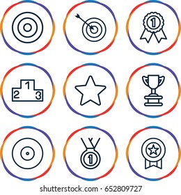 Winner icons set. set of 9 winner outline icons such as target, star, medal, ranking, number 1 medal