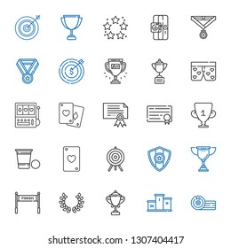 winner icons set. Collection of winner with boxing, podium, trophy, laurel, finish, medal, target, ace of hearts, beer pong, diploma, certificate. Editable and scalable winner icons.
