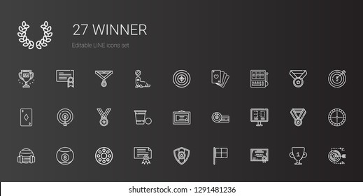 winner icons set. Collection of winner with certificate, racing, medal, rolling wheel, billiard, sport, scoreboard, boxing, diploma, beer pong. Editable and scalable winner icons.