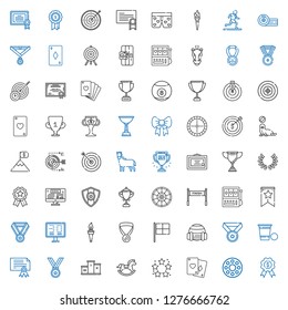 winner icons set. Collection of winner with medal, rolling wheel, poker, best, horse, podium, certificate, beer pong, sport, racing, torch. Editable and scalable winner icons.