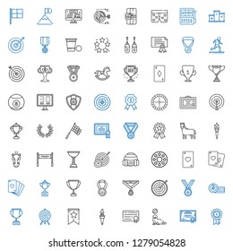 winner icons set. Collection of winner with medal, certificate, seal, diploma, torch, banner, target, trophy, boxing, poker, ace of hearts. Editable and scalable winner icons.