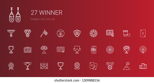 winner icons set. Collection of winner with medal, poker, badges, trophy, boxers, target, sport, diploma, certificate, rolling wheel, podium. Editable and scalable winner icons.