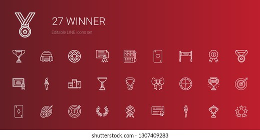 winner icons set. Collection of winner with torch, diploma, target, laurel, ace of diamonds, roulette, ribbon, medal, trophy, podium, certificate. Editable and scalable winner icons.