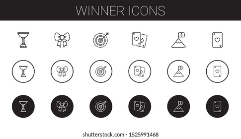 winner icons set. Collection of winner with trophy, ribbon, darts, poker, goal, ace of hearts. Editable and scalable winner icons.
