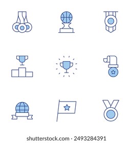 Winner icons set. Line Duotone style, editable stroke. flag, medal, medals, prize, podium, trophy.