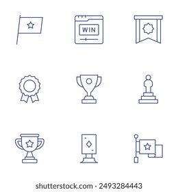 Conjunto de iconos de ganador. Estilo de línea delgada, trazo editable. trofeo, ganar, ganador, insignia, bandera, liderazgo, logro, medalla.