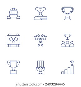 Winner icons set. Thin Line style, editable stroke. cup, formula one, award, flags, medal, trophy, rating.