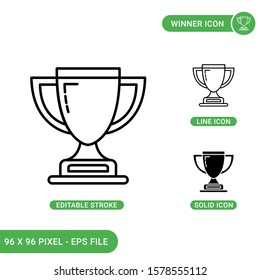 Winner icons set vector illustration with solid icon line style. Trophy cup award concept. Editable stroke icon on isolated background for web design, infographic and UI mobile app.