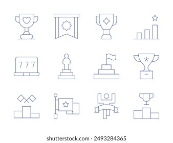 Winner icons. Thin Line style, editable stroke. podium, success, trophy, badge, flag, leadership, award, finish line, goal, triumph, win.