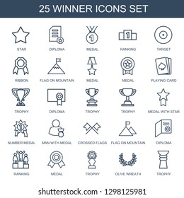 winner icons. Trendy 25 winner icons. Contain icons such as Star, diploma, medal, ranking, target, ribbon, flag on mountain, playing card, trophy. winner icon for web and mobile.