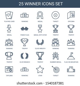 winner icons. Trendy 25 winner icons. Contain icons such as playing card, ranking, medal, target, diploma, finish flag, medal with star, trophy. winner icon for web and mobile.