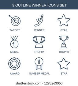 winner icons. Trendy 9 winner icons. Contain icons such as target, star, medal, trophy, award, number medal, Star. winner icon for web and mobile.