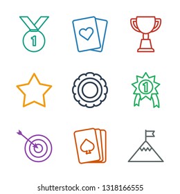 winner icons. Trendy 9 winner icons. Contain icons such as flag on mountain, playing card, target, number medal, award, Star, trophy. winner icon for web and mobile.