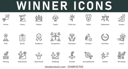 Winner Icons Ilustración vectorial con trazo editable de línea delgada contiene la medalla del trofeo de la victoria Celebración del éxito Resultado Campeón Primer lugar Logro ganador del premio Triunfo Lograr ganar