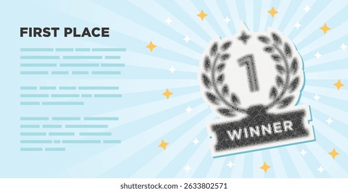Winner illustration halftone collage first place laurel wreath vector design with sun rays background soft blue pastel colors in flat style