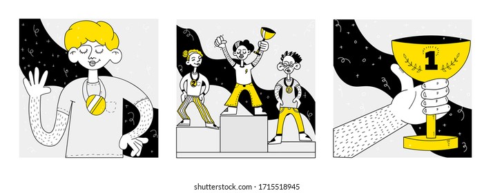 Winner illustrations set. Hand holding golden cup. Tree persons standing at podium. Person with medal on the neck. 