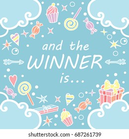 And the winner is. Giveaway banner for social media contests. / Squared pop background with freehand draw in blue colors