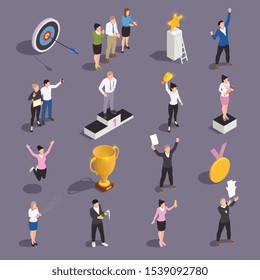 Ganador isométrico concepto icono conjunto con hombres y mujeres compiten y ganan símbolos abstractos Ilustración vectorial