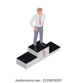 Winner isometric concept icons composition with isolated character of worker standing on winners podium vector illustration