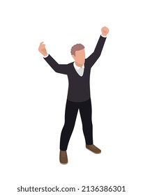 Composición de iconos de concepto isométrico ganador con carácter masculino aislado levantando las manos hacia arriba ilustración vectorial