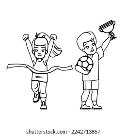 winner kid line pencil drawing vector. child success, happy girl, fun boy, dream childhood, person happiness, play winner kid character. people Illustration