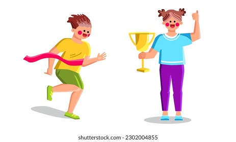 winner kid vector. success child, happy girl, fun boy, childhood happiness, play active winner kid character. people flat cartoon illustration