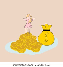 Winner lady on the gold coin and money bag flat vector illustration icon dolls, happy women financial success on money bag dollars gold coins , happy woman money free from bag gold coins vector icon 