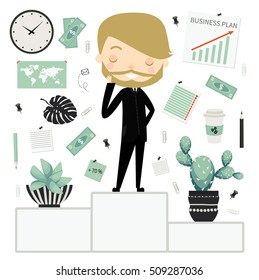Winner, leader. Vector illustration of successful businessman. Office worker.