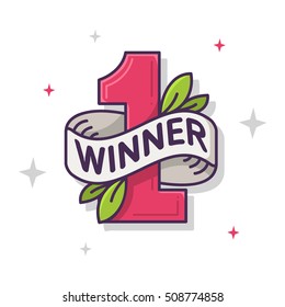 The Winner. Leaf Illustrated Number One. Thin Line Art Vector Graphic With Olive Leaves And Banner For Text On A White Background.