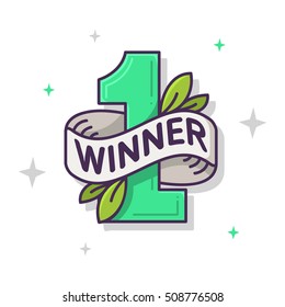 The Winner. Leaf Illustrated Number One. Thin Line Art Vector Graphic With Olive Leaves And Banner For Text On A White Background.