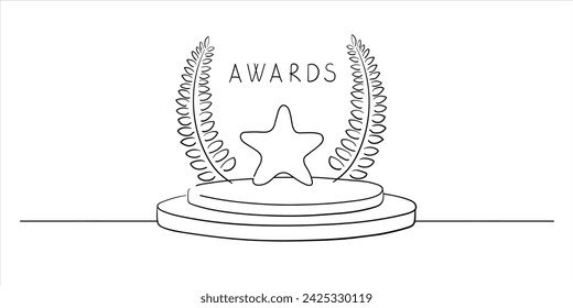 Winner line art emblem with star. First place award. Line art star sign on pedestal, award ceremony. Victory, symbol of success. Vector illustration
