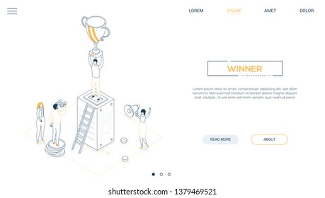 Winner - line design style isometric web banner on white background with copy space for text. Unusual header with male, female employees, a man standing on a server, holding a prize. Victory concept