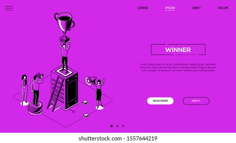 Winner - Line Design Style Isometric Web Banner On Purple Background With Copy Space For Text. Unusual Header With Male, Female Employees, A Man Standing On A Server, Holding A Prize. Victory Concept