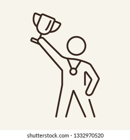 Winner line icon. Man with medal holding cup. Business concept. Can be used for topics like competition, leadership, leader, success