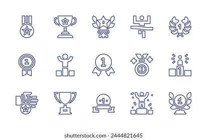 Winner line icon set. Editable stroke. Vector illustration. Containing award, st place, trophy, pedestal, medal, win, winner, wreath.
