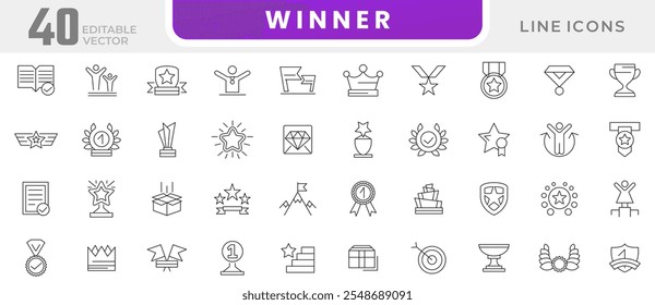 Winner line icon set. Trophy cup, medal, badge, winner, prize, membership, quality, badge, rank, cup, reward, certification, ribbon, line icon set. UI thin line icon pack.