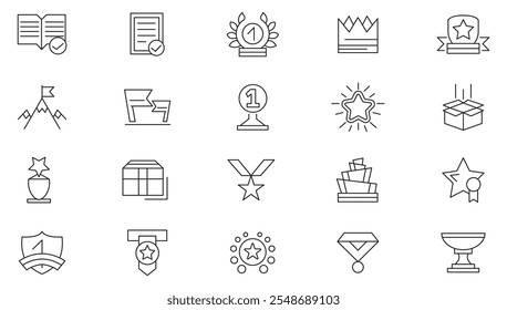 Winner line icon set. Trophy cup, medal, badge, winner, prize, membership, quality, badge, rank, cup, reward, certification, ribbon, line icon set. UI thin line icon pack.